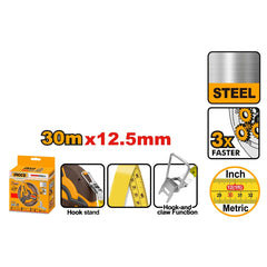 Ingco Fast Rewind Steel Measuring Tape 30M x 12.5mm | 30M/100FT HSMT0830 ING-HT