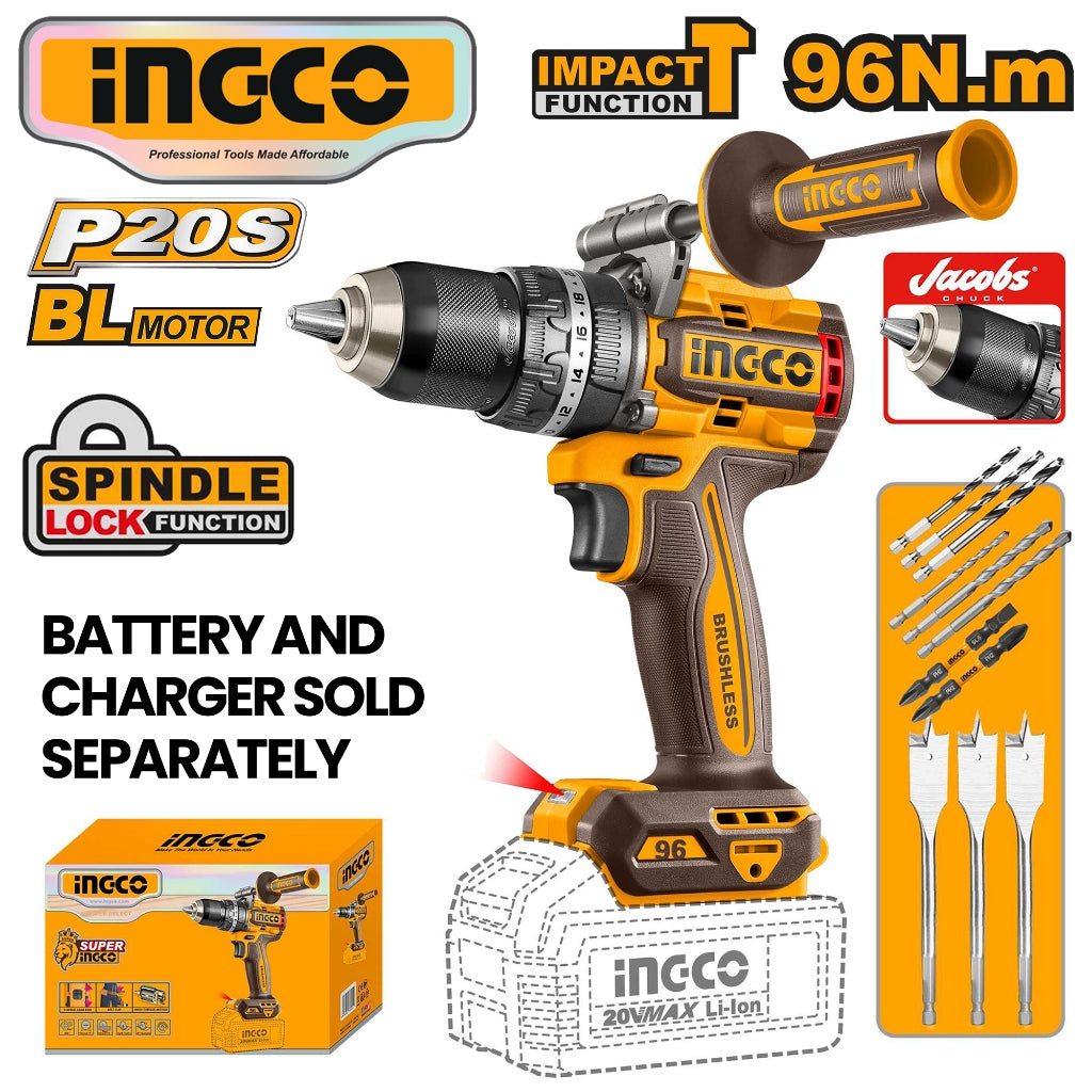 Ingco by Winland P20S 20V Lithium-Ion Brushless Cordless Impact Drill 96N.m CIDLI209685 ING-CT