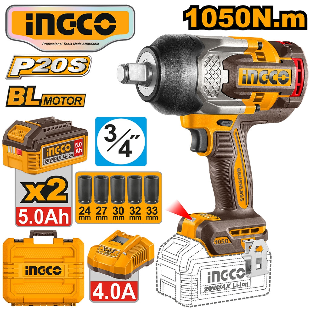 Ingco by Winland P20S 20V Brushless Cordless Impact Wrench 1050Nm Lithium-Ion-CIWLI20105 ING-CT