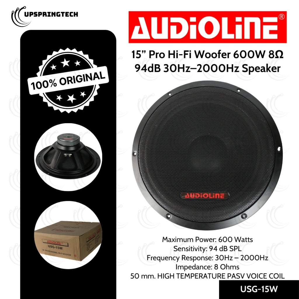 Audioline USG-15W 15” Pro Hi-Fi Woofer 600W 8Ω 94dB 30Hz–2000Hz Speaker
