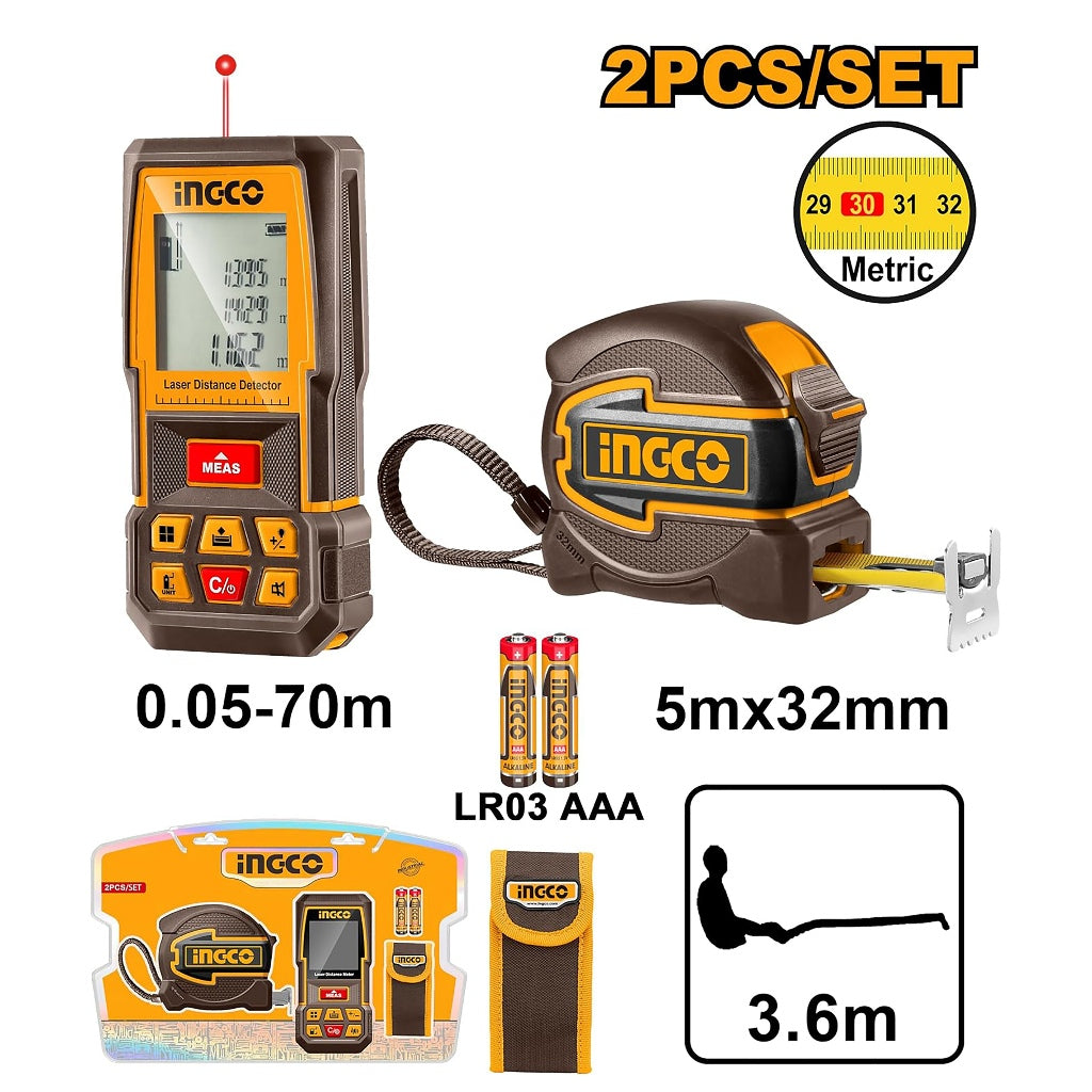 Ingco by Winland 2PCS Combo Kit Laser Distance Detector with Steel Measuring Tape HLDD241201 ING-PT
