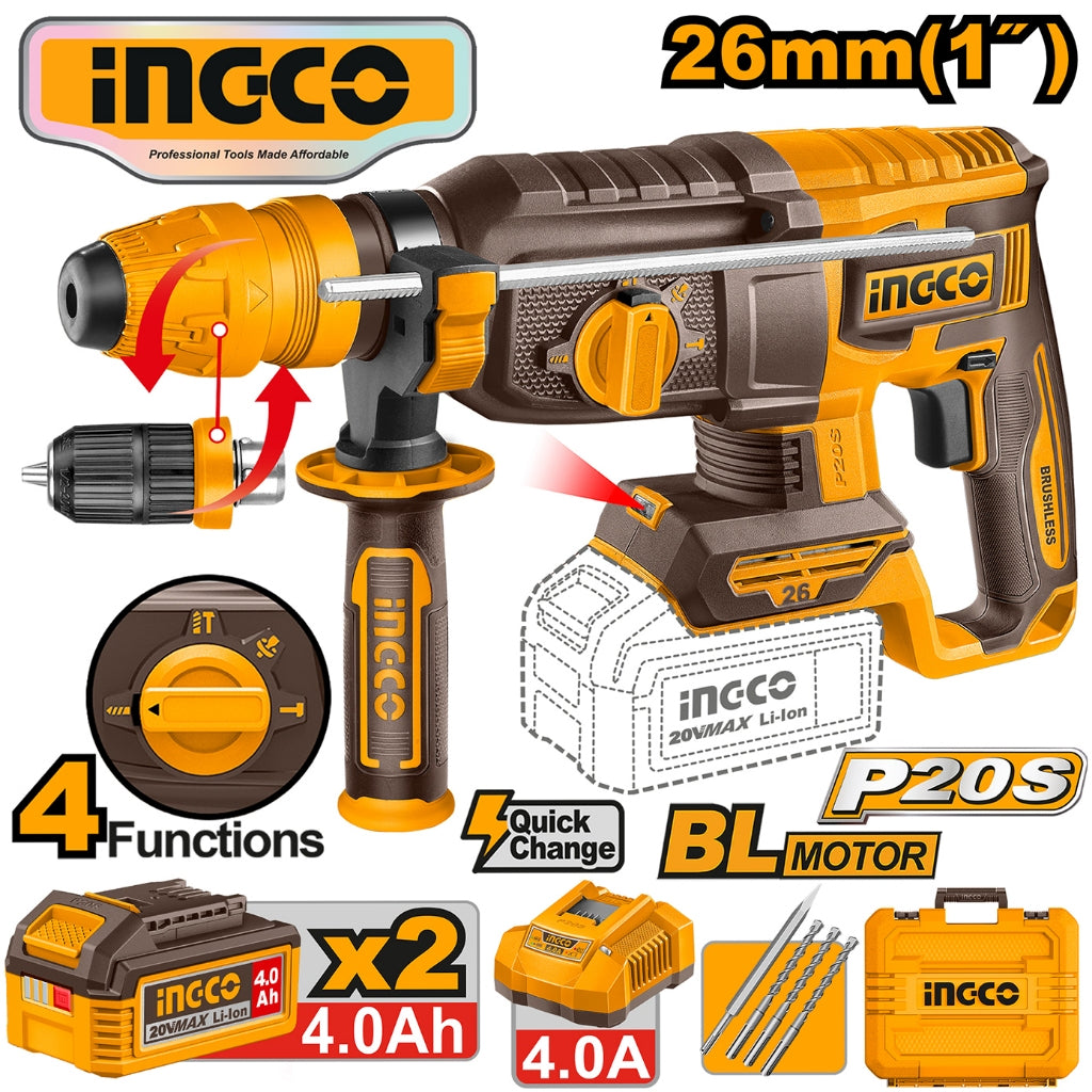 Ingco by Winland P20S/20V Cordless Rotary Hammer 26mm Lithium-Ion - CRHLI202689 ING-HT