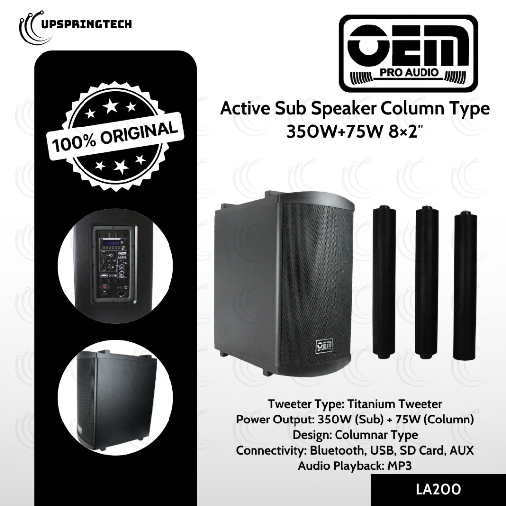 OEM Pro Audio LA200 Active Sub Speaker Column Type 350W+75W 8×2″ Bluetooth USB Set