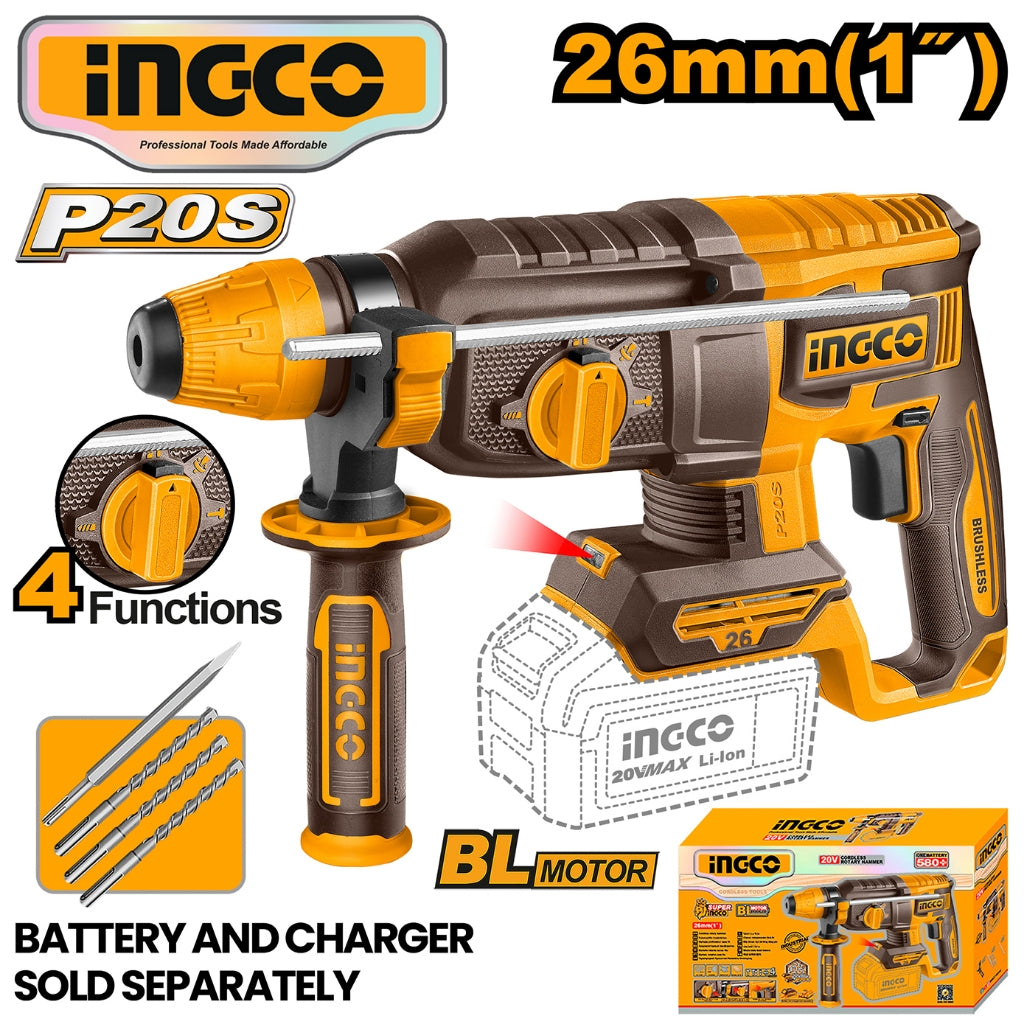 Ingco by Winland P20S/20V Cordless 4 Functions Rotary Hammer 26mm (1") CRHLI20268 ING-HT