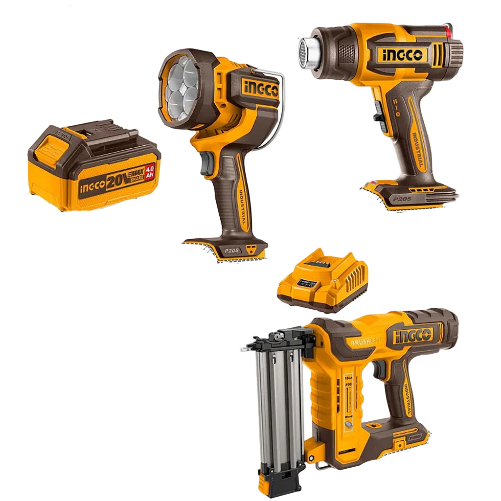 Ingco P20S/20V 3PCS Combo Kit with Lithium-Ion Cordless Heat Gun, Brad Nailer & Work Lamp