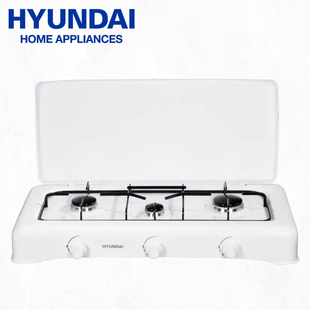 Hyundai Appliances by Winland Triple Burner Table Top Gas Stove with Metal Lid - White (HG-F3BTTS)