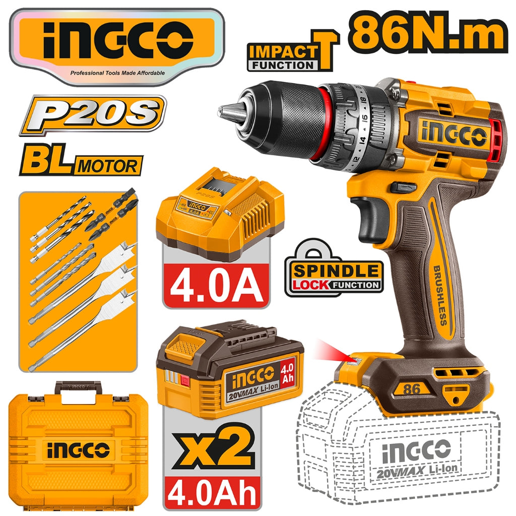Ingco by Winland P20S/20V Lithium-Ion Brushless Cordless Impact Drill 86N.m CIDLI208682 ING-CT