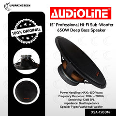 Audioline XSA-1500M 15″ Professional Hi-Fi Sub-Woofer 650W Deep Bass Speaker