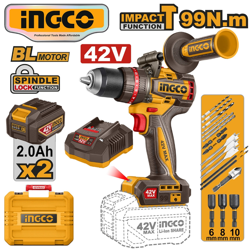 Ingco by Winland P20S 42V Lithium-Ion Brushless Cordless Impact Drill 99N.m CIDLI429982 ING-CT