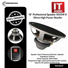 IT Audio PW1869F 18” Professional Speaker 1800W 8 Ohms High Power Woofer