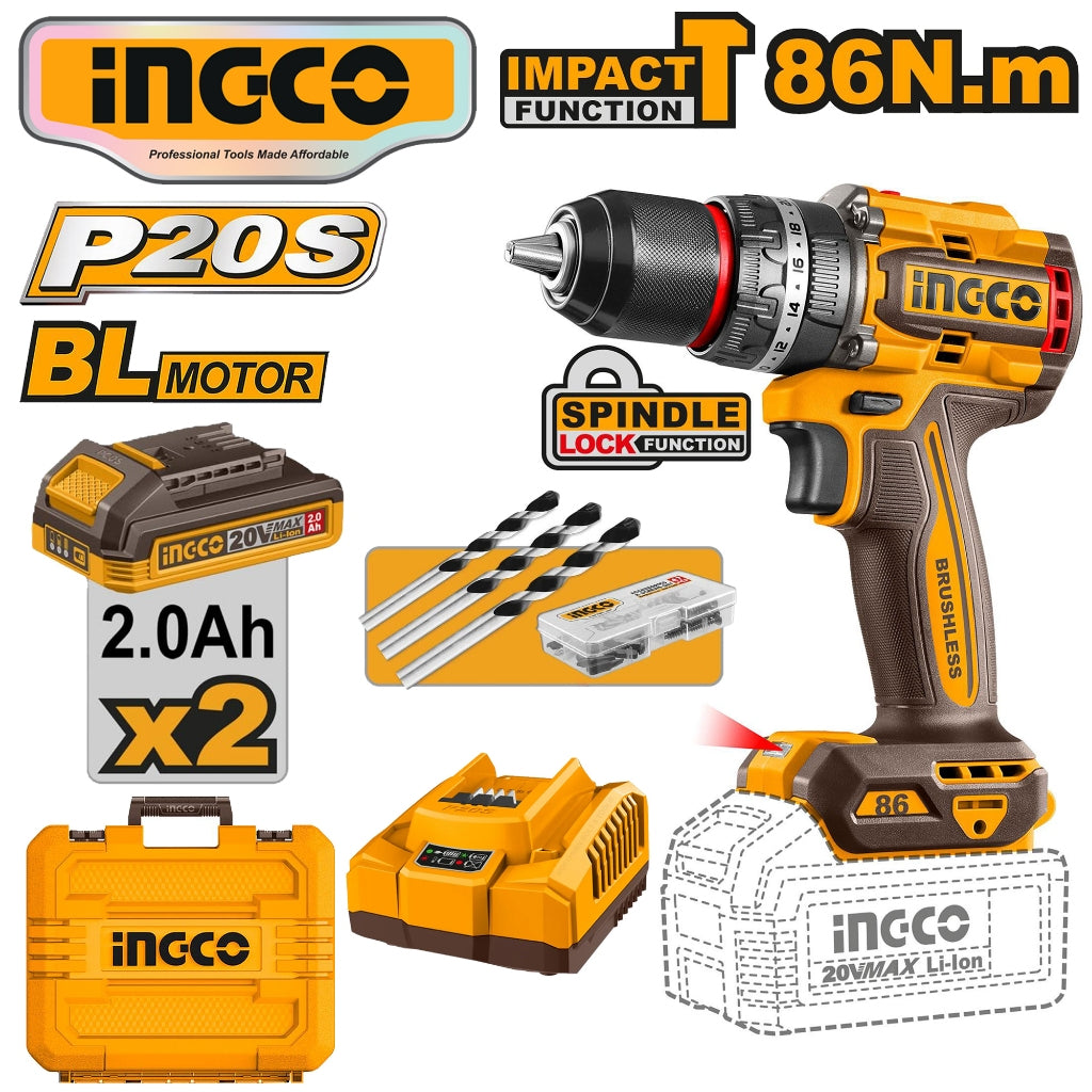 Ingco by Winland P20S 20V Lithium-Ion Brushless Cordless Impact Drill 86N.m CIDLI208687 ING-CT