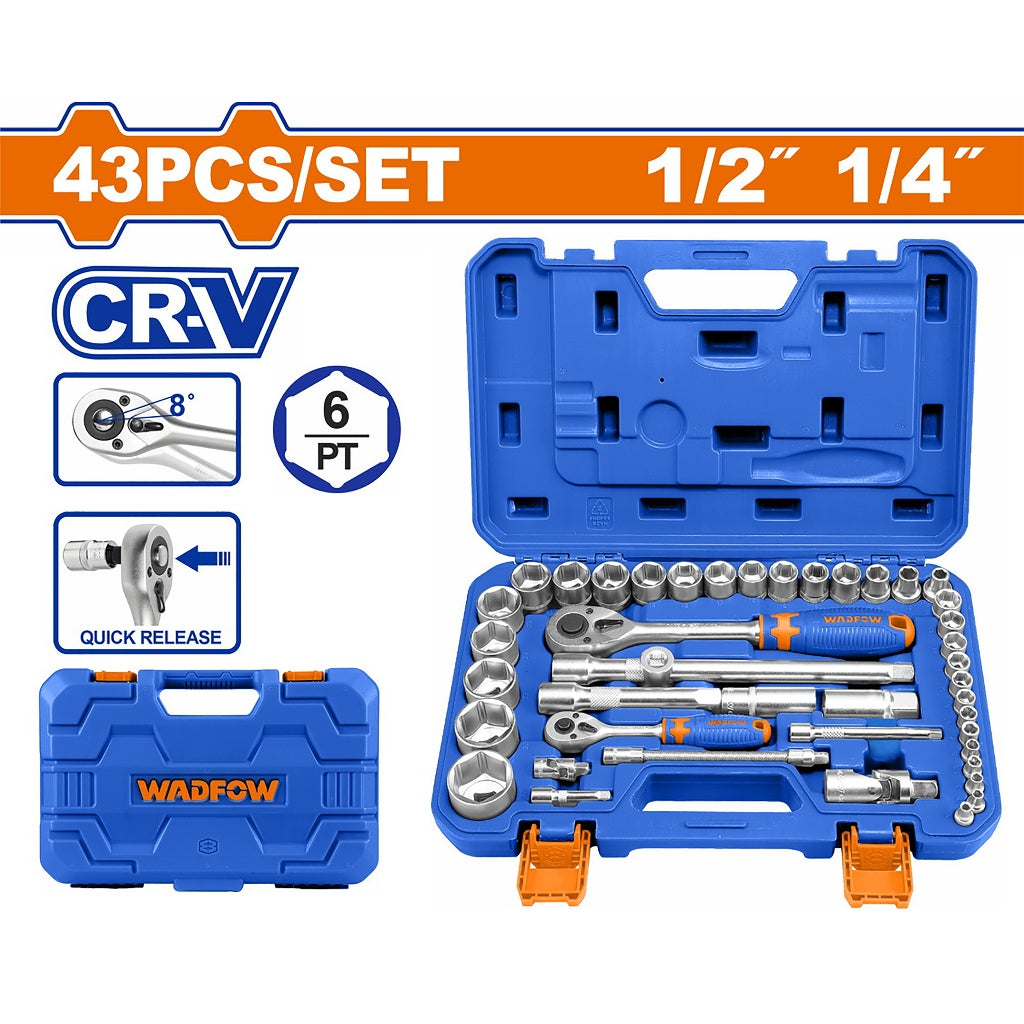 Wadfow by Winland 43PCS/Set Chrome Plated 1/4inches and 1/2inches Socket Set WST3D43 WAD-HT