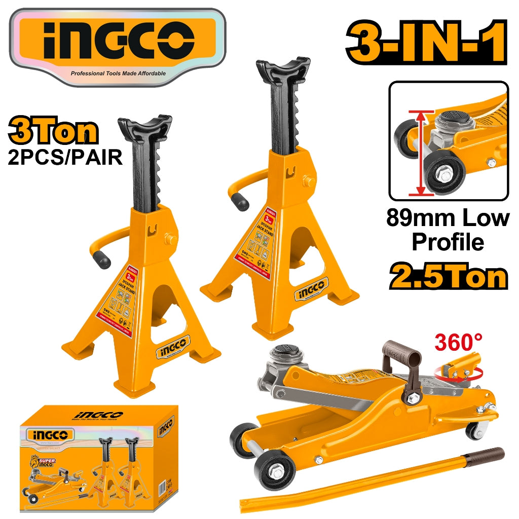 Ingco by Winland 2.5 Ton Floor Jack and 2×3 Ton Jack Stands Combo Set – HJCS2503 ING-HT