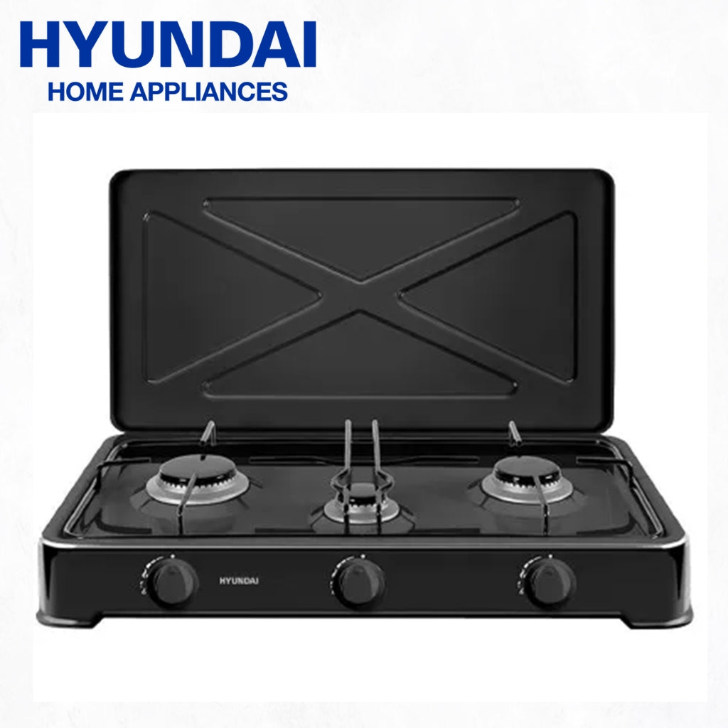 Hyundai Appliances by Winland Triple Burner Table Top Gas Stove with Metal Lid - Black (HYUN-HG-F3BT