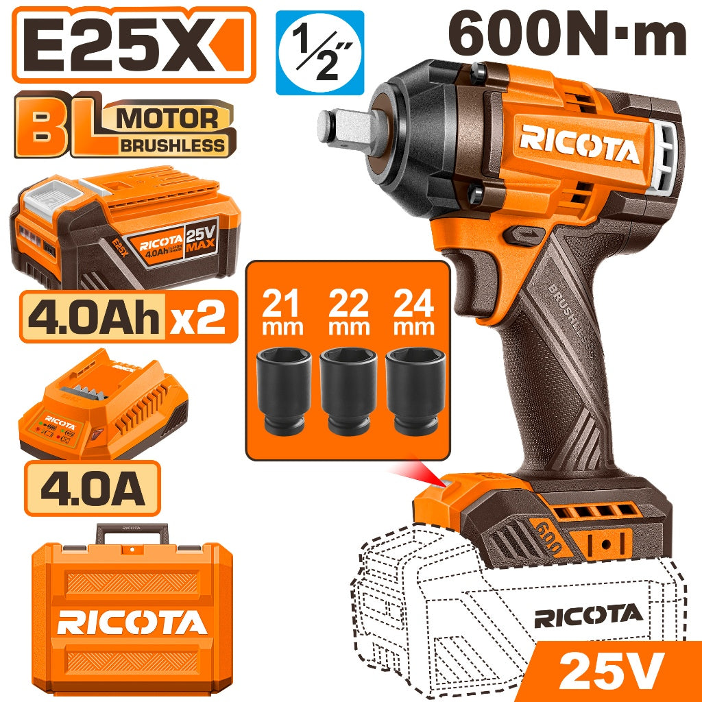 Ricota E25X Brushless Cordless Impact Wrench 25V 600NM 1/2" Square drive