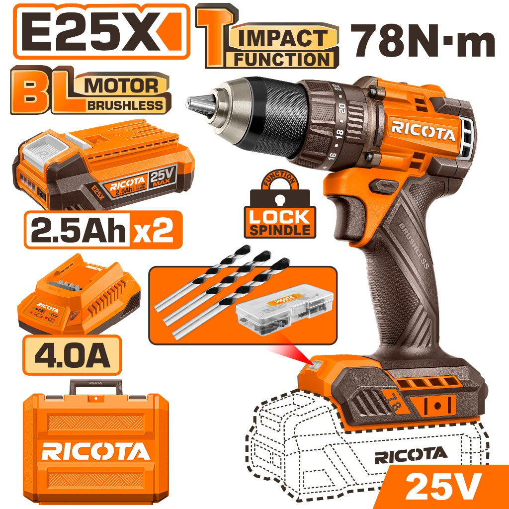 Ricota E25X Compact Brushless Cordless Impact Drill 25V 13mm Chuck Capacity 78NM