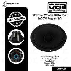 OEM Pro Audio C18600LF 18″ Power Woofer 800W RMS 1600W Program 8Ω 4″ Voice Coil