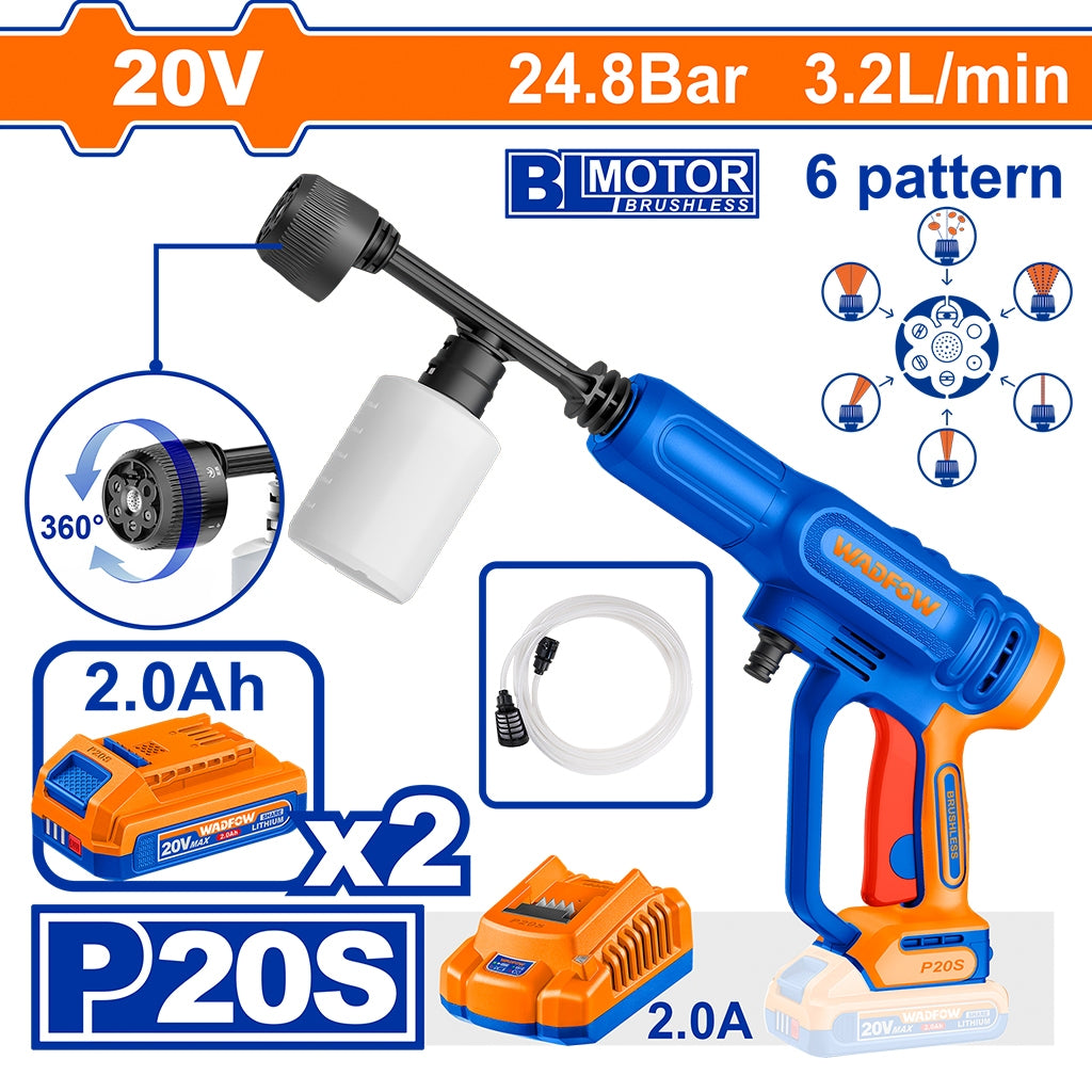 Wadfow P20S/20V Lithium-Ion Cordless Pressure Washer with 24.8 Bar & 6 Patterns (WCT)