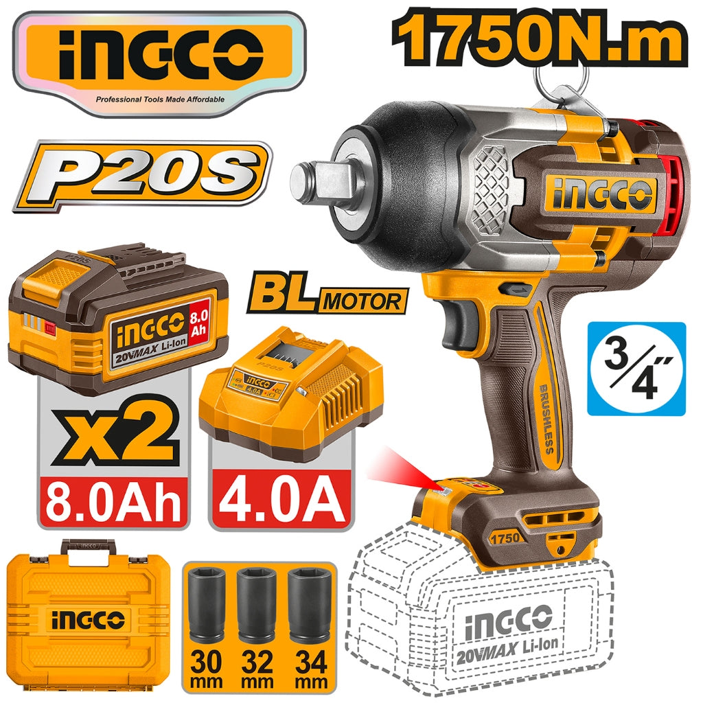 Ingco by Winland P20S/20V Brushless Motor Lithium-Ion AI Impact Wrench 1750nm CIWLI20175 ING-CT