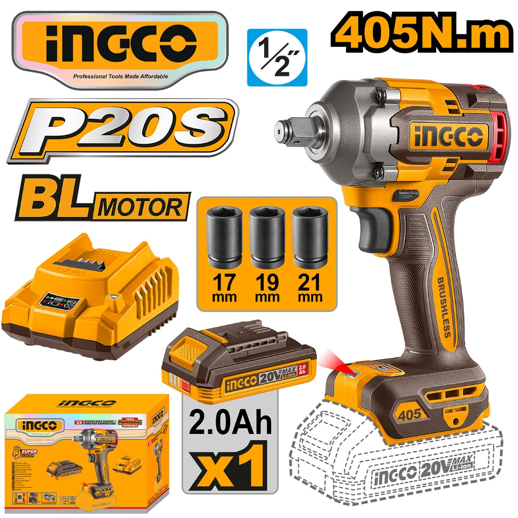Ingco by Winland P20S/20V Lithium-ion Brushless AI Impact Wrench 1/2" 405N.m ING- CT