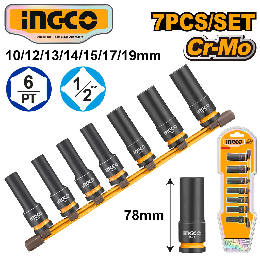 Ingco by Winland 7pcs 1/2" Drive Deep Impact Socket Set HKISSD12072L ING-HT