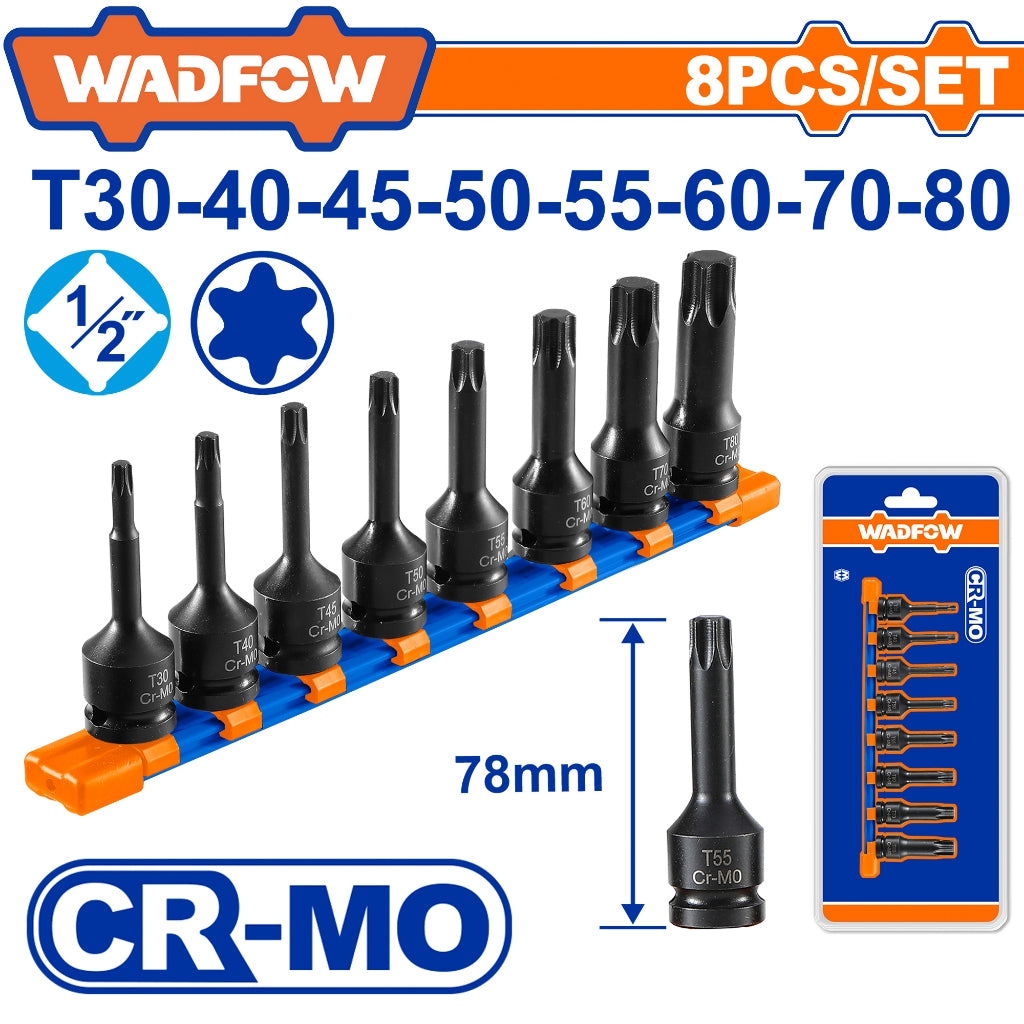 Wadfow by Winland 8pcs 1/2" Impact Drive Torx Bit Socket Set CR-MO WMS4408 WAD-HT
