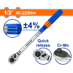 Wadfow Preset Torque Wrench 1/2" with 40 - 220 N.m Quick Release Function WWQ7D21 (WHT)