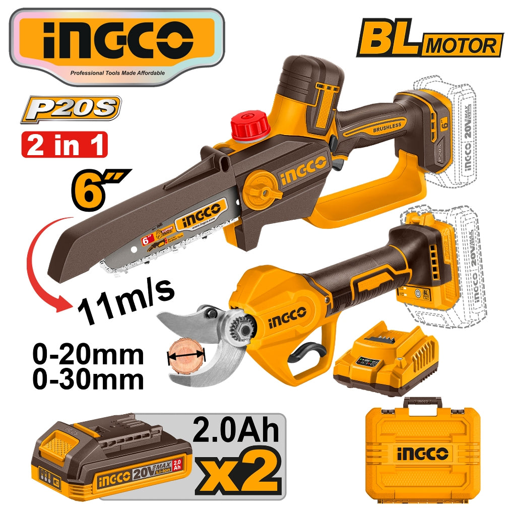 Ingco by Winland 2pcs Combo Kit Cordless Gauge Straight Shear with Pruner Saw COSLI250795 ING-CT