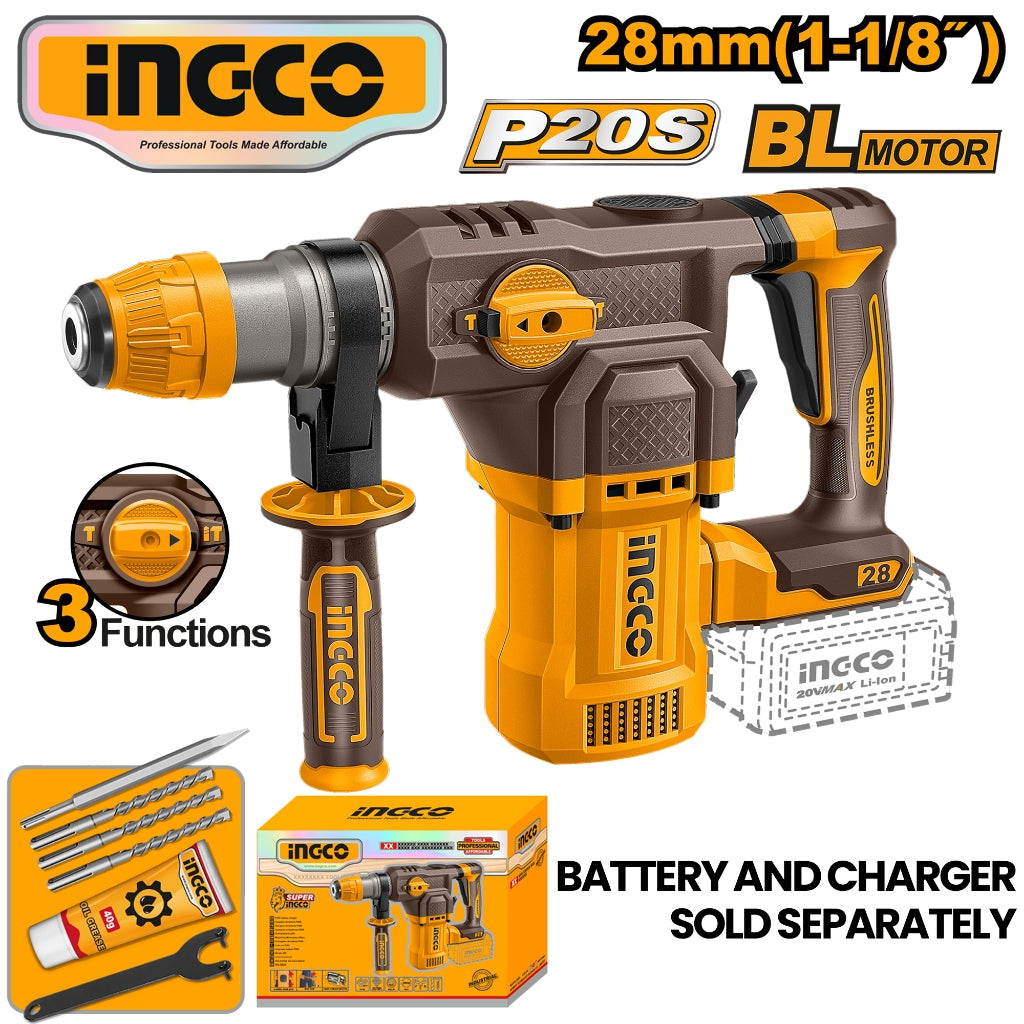 Ingco by Winland P20S/20V Brushless Motor Lithium-Ion Cordless Rotary Hammer 28mm CRHLI20286 ING-PT