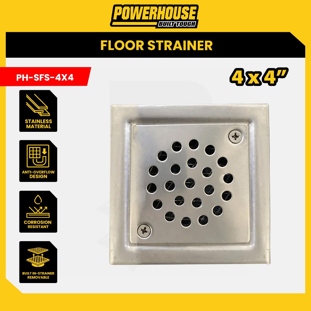 Powerhouse Hi-Grade Stainless Steel Floor Strainer 4 x 4 - 6x6 Anti-Overflow Design (PH-WH&PPR)