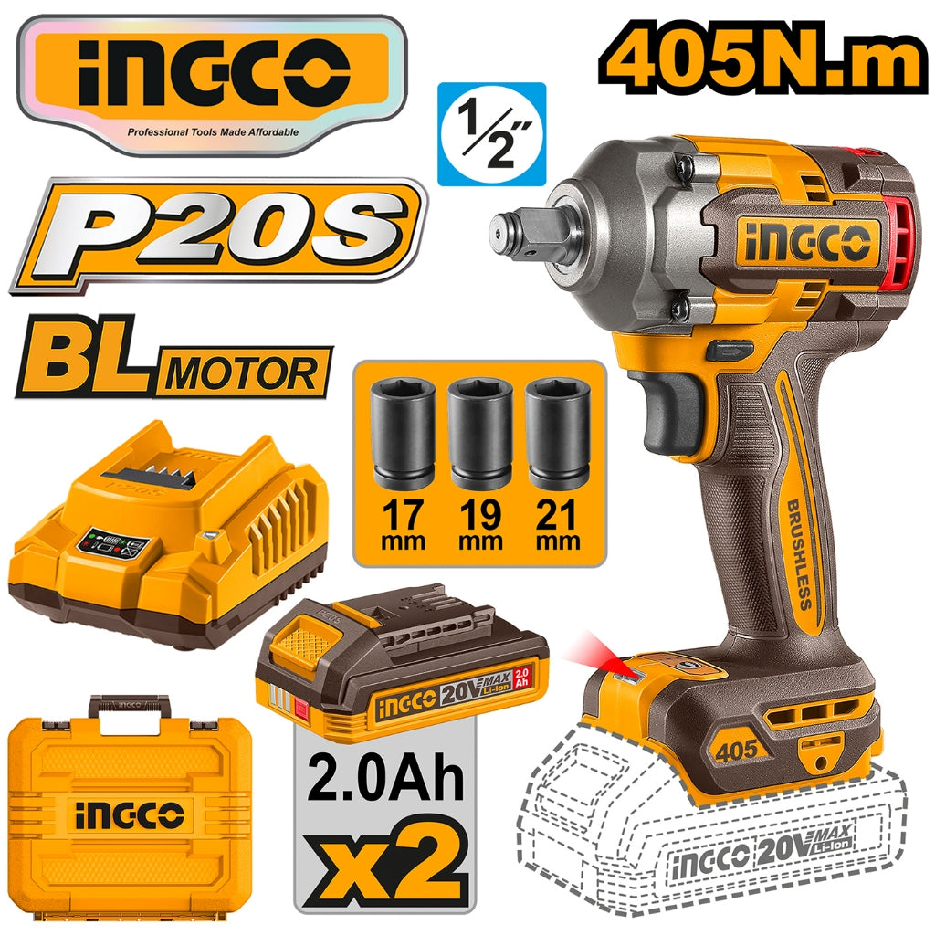 Ingco by Winland P20S/20V Lithium-ion Brushless AI Impact Wrench 1/2" 405N.m ING- CT