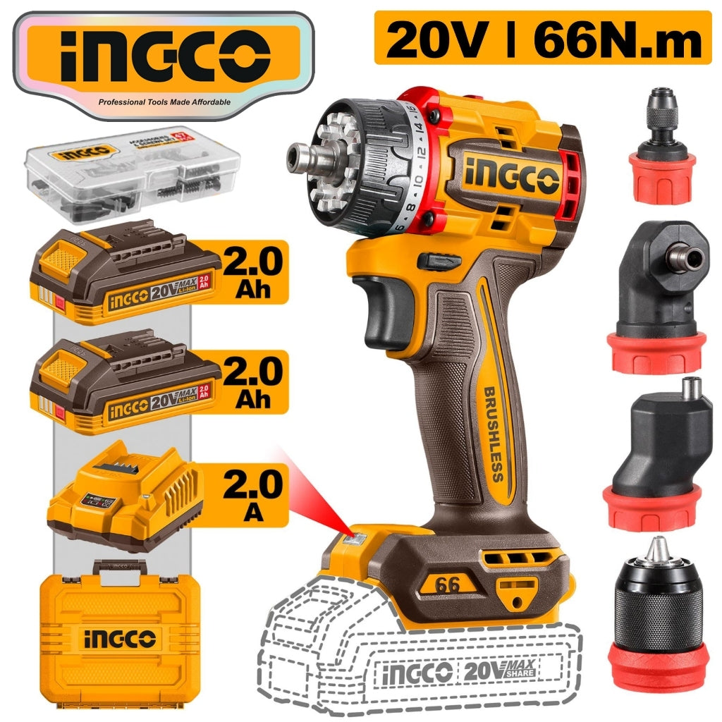 Ingco P20S/20V Cordless Multi-Head Drill Driver 66Nm CDLI206686 ING-CT