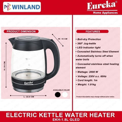 Eureka by Winland 1.8 Liter Electric Kettle Glass with LED | Water Heater EKH-1.8 GLED