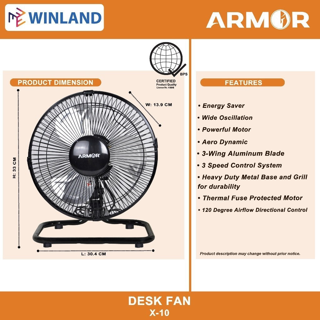 Armor by Winland Mini Industrial Ground Fan / Floor / Desk Fan w/ Oscillating Electric Fan X-10