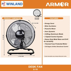 Armor by Winland Mini Industrial Ground Fan / Floor / Desk Fan w/ Oscillating Electric Fan X-10