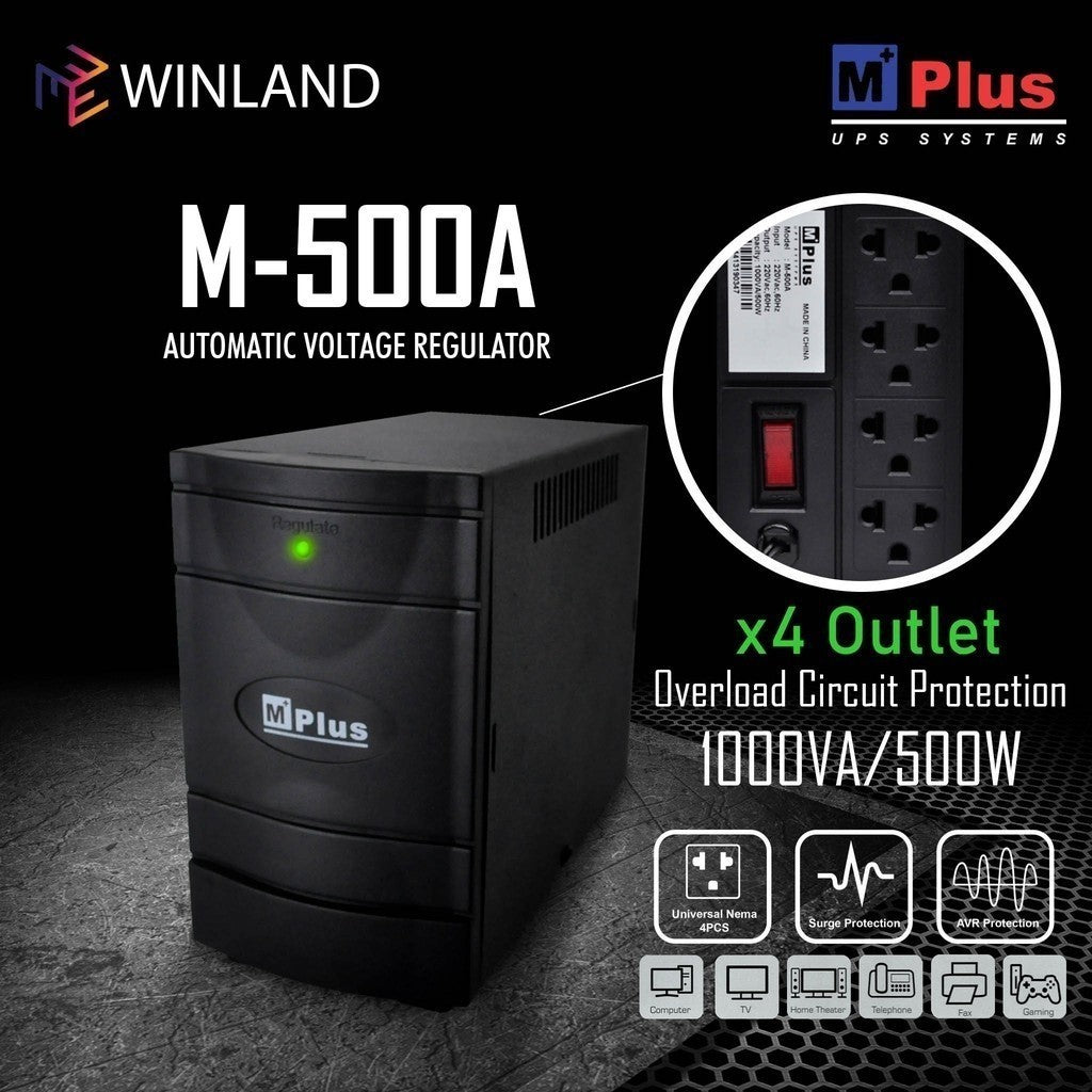Winland l MPLUS 4 Outlets Automatic Voltage Regulator 500W AVR with Surge Protector 1000VA/500W