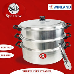 Sparrow by Winland 3 Layer 41cm Stainless Big Siomai Siopao Dimsum Puto Steamer Set w/ Free Tongs