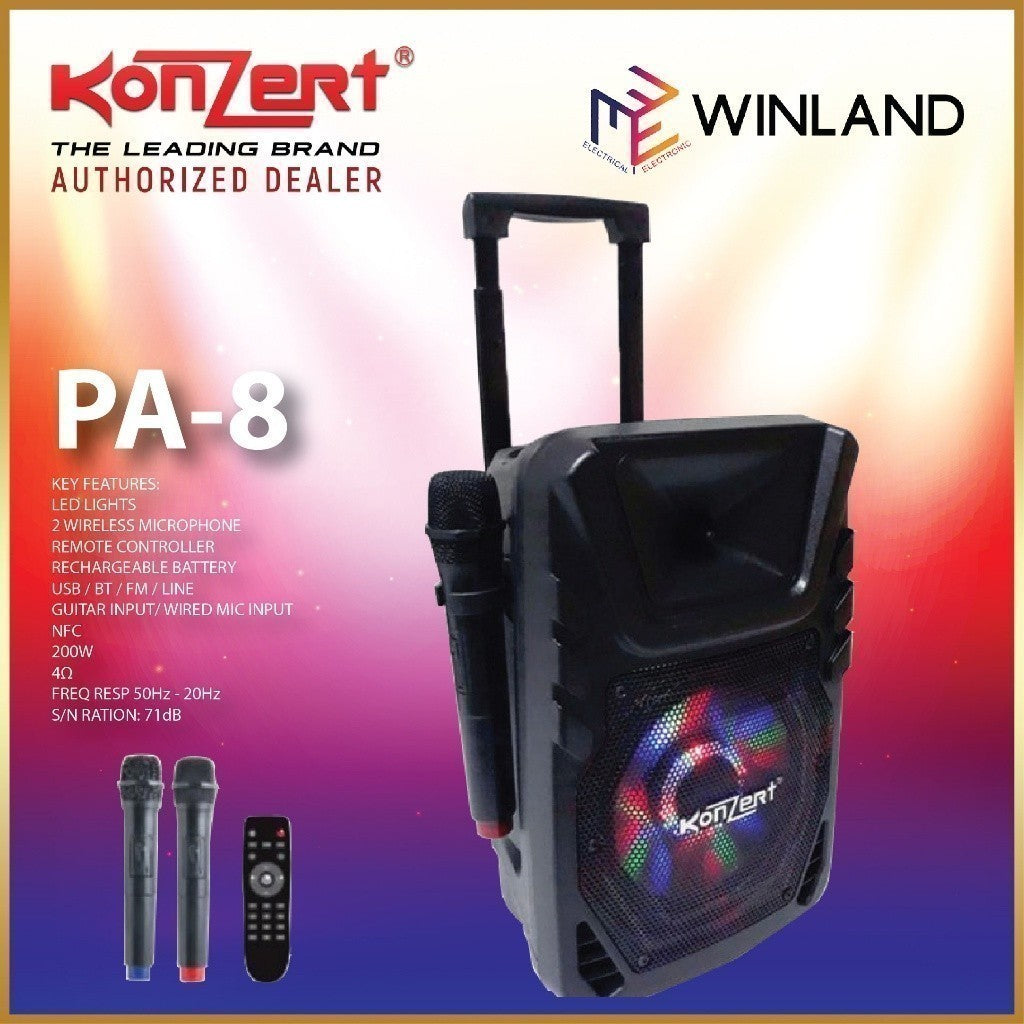 Konzert by Winland 8"200W Portable Rechargeable Speaker w/ USB/SD, FM Radio,BT & 2 Wireless Mic PA-8