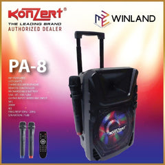 Konzert by Winland 8"200W Portable Rechargeable Speaker w/ USB/SD, FM Radio,BT & 2 Wireless Mic PA-8
