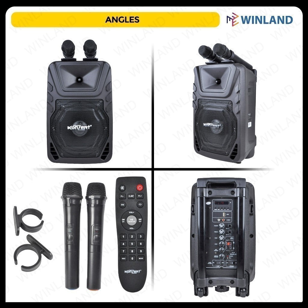 Konzert by Winland 8"200W Portable Rechargeable Speaker w/ USB/SD, FM Radio,BT & 2 Wireless Mic PA-8